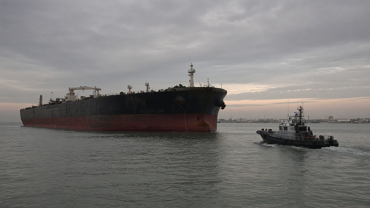 A laden oil tanker hull low in calm Gulf waters at dusk, with a distant Qatar coastline and a small security vessel approaching after a distress call.