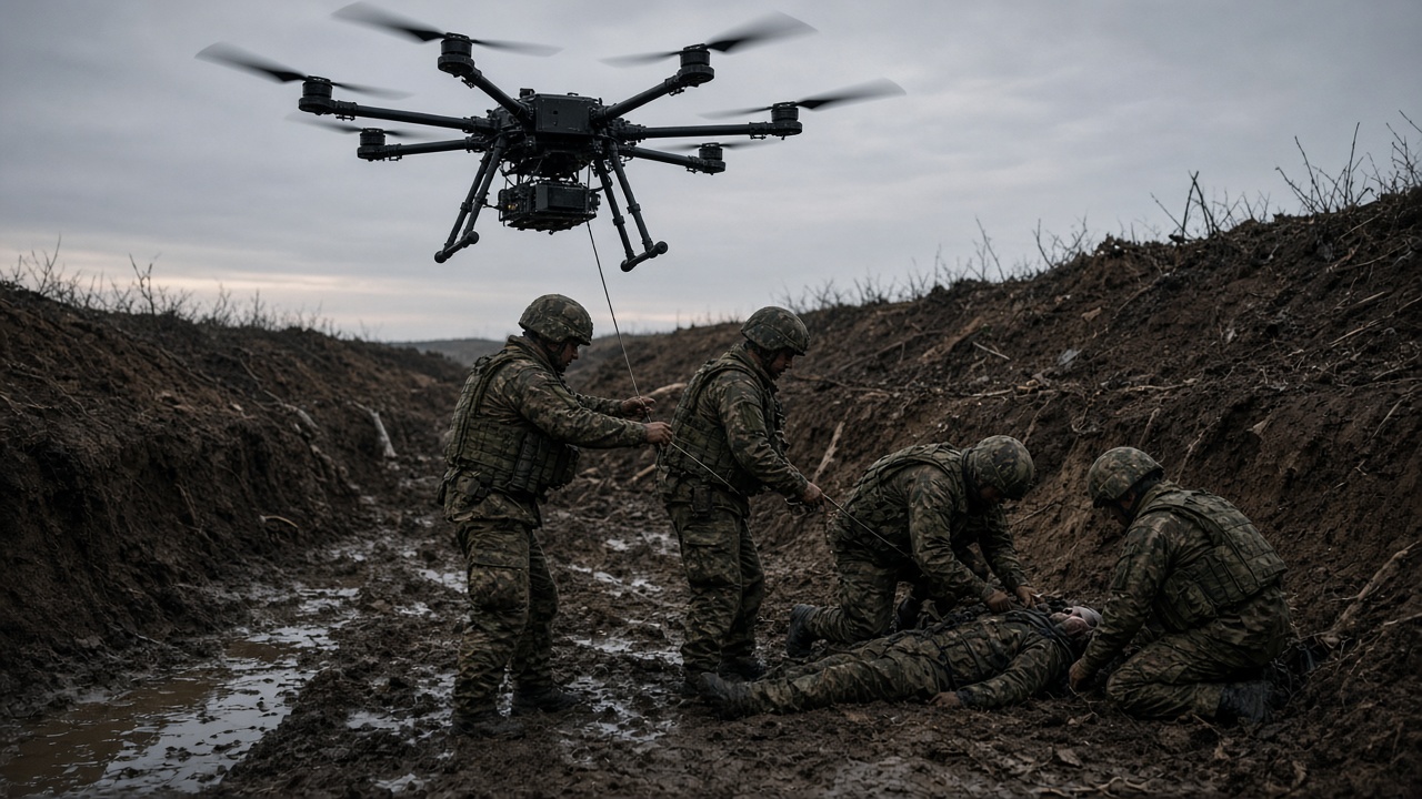 A heavy hexacopter drone hovers low over muddy trench lines at dusk while soldiers in camouflage guide a winch cable toward a wounded comrade near damaged earthworks.