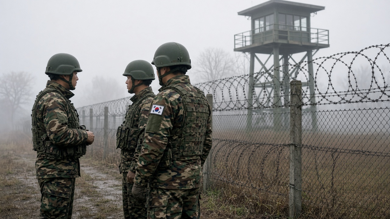 South Korean soldiers in camouflage standing near a fenced DMZ observation post on a misty morning, barbed wire and guard tower in background, documentary wire photo