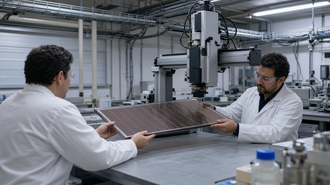 Engineers in a solar research laboratory holding a semi-transparent perovskite module under a spectrometer gantry, clean benches and cable trays, cool white LED lab light, no logos or readable text