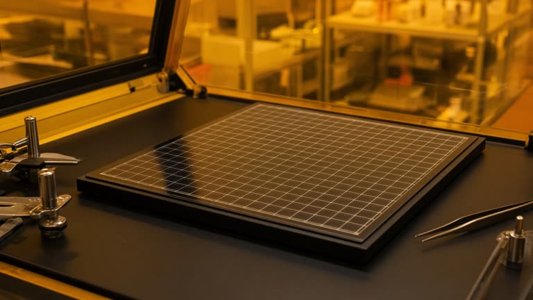 Large perovskite solar submodule on a laboratory bench inside a glove box with amber lighting and research tools, no logos or readable text
