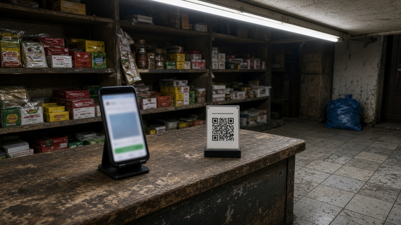 A kirana shop counter with a smartphone on a stand showing a blurred payment screen and a printed QR stand, fluorescent tube light, scuffed tile floor, no logos or readable text