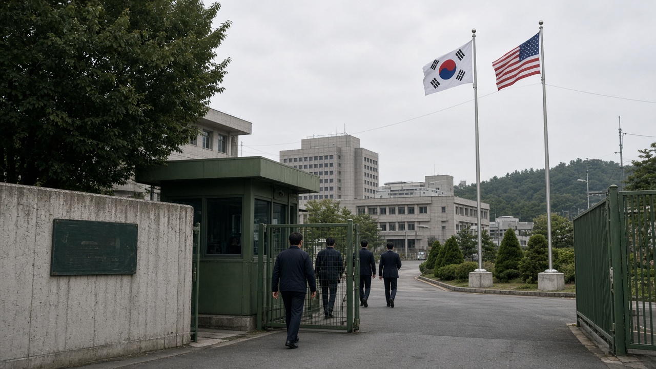 South Korean and U.S. flags fly outside the Ministry of National Defense compound in Seoul on an overcast afternoon as staff enter through a security gate.