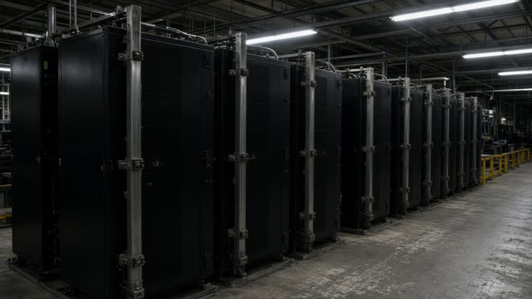 Rows of black AI server racks with thick vertical power bus bars visible in a brightly lit factory assembly hall