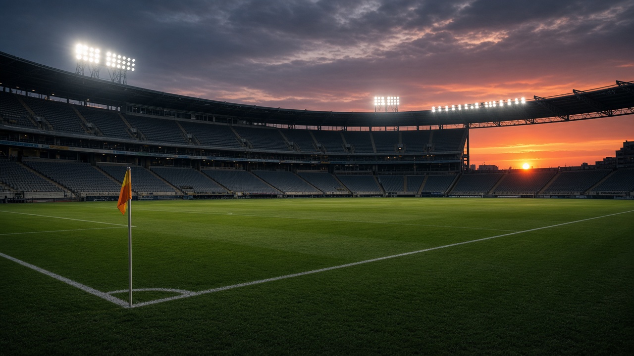 Empty football stadium pitch at dusk with floodlights warming up, corner flag in foreground, wide documentary angle, no club logos or readable advertising