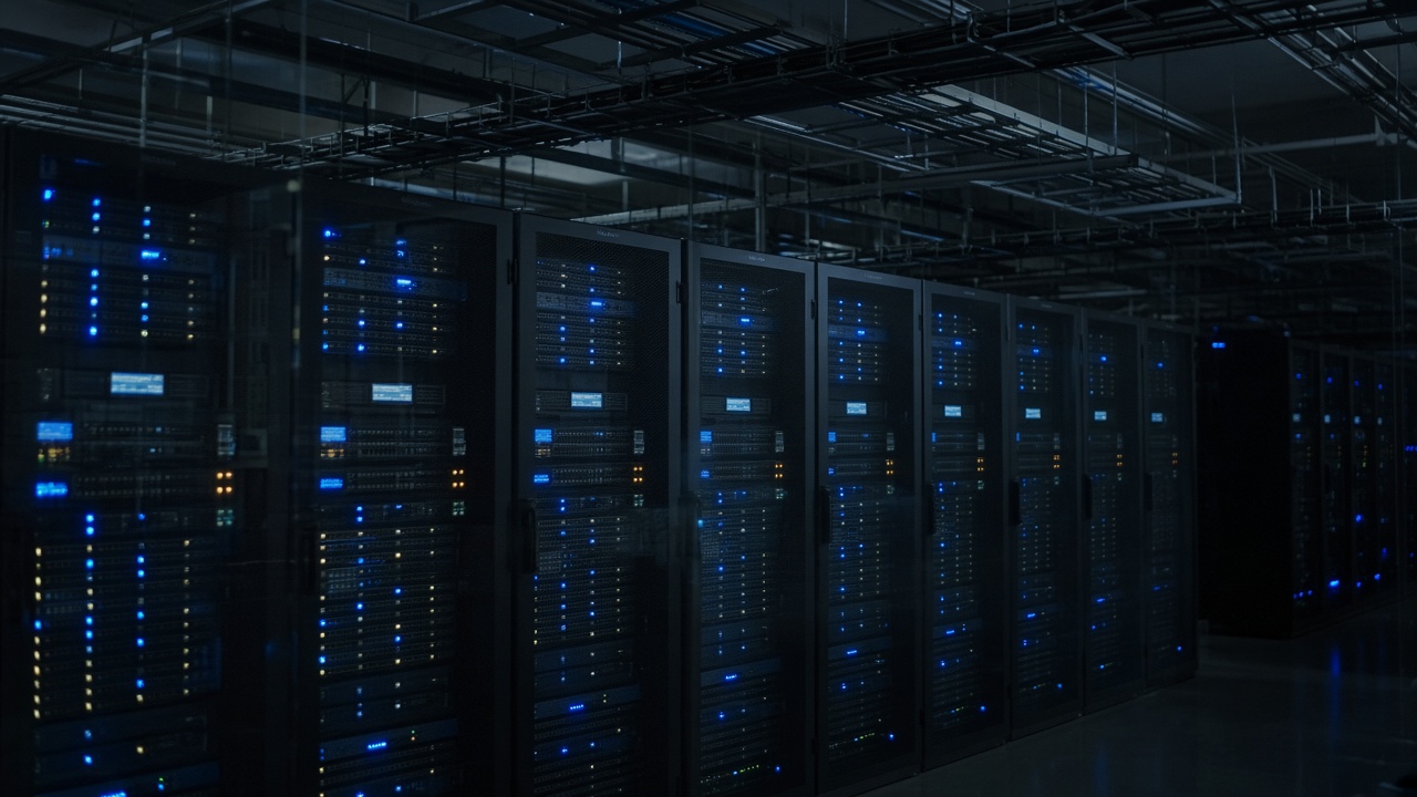 Rows of rack servers behind glass in a dim data hall with blue status LEDs, cable trays overhead, no readable labels or logos