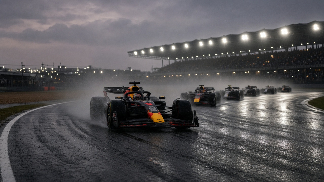 Max Verstappen's Red Bull Formula 1 car leads a train of single-seaters through a wet Sepang corner at dusk, spray from intermediate tyres and Malaysian grandstand lights in the background, no readable logos or text on bodywork