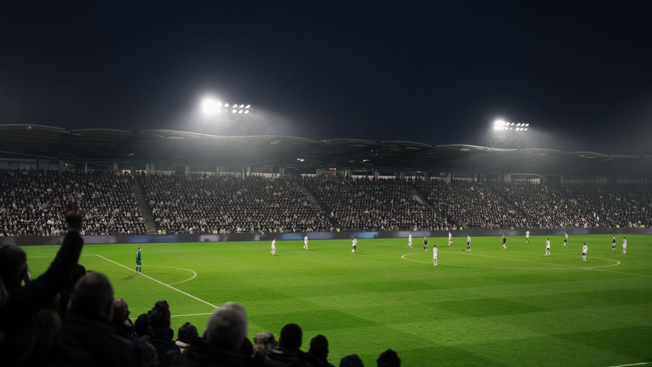 Night football match in a medium-sized stadium, green pitch under floodlights, players as distant figures, crowd blur in stands, no logos or readable text on kits