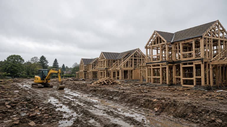 Half-finished timber-frame houses on a muddy construction site under flat grey skies in England, yellow digger parked nearby, no workers faces visible, no logos or readable text