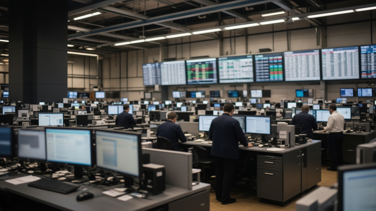 NYSE trading floor with electronic price boards and rows of broker workstations under overhead lights, busy but not crowded, slight motion blur on screens, no readable tickers or logos