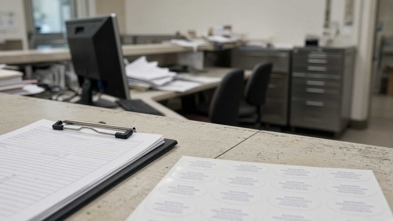 A county election office counter with clipboard forms and an I voted sticker sheet, fluorescent interior lighting, shallow depth of field, no logos or readable text