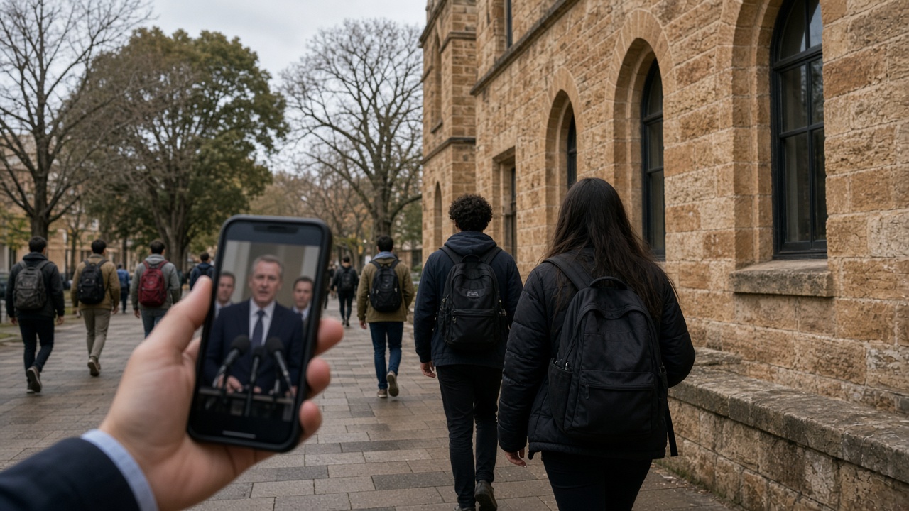 Students walk past sandstone buildings on a Western Australian university campus while a government press conference plays on a phone screen in the foreground