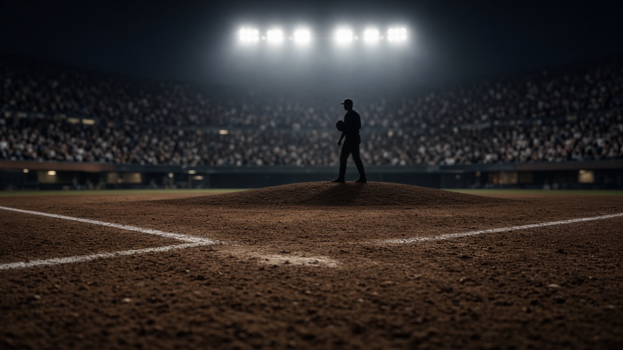 A baseball pitcher silhouetted on the mound under stadium floodlights, empty infield dirt and chalk lines, crowd bokeh in the background without recognizable faces, no logos or readable text