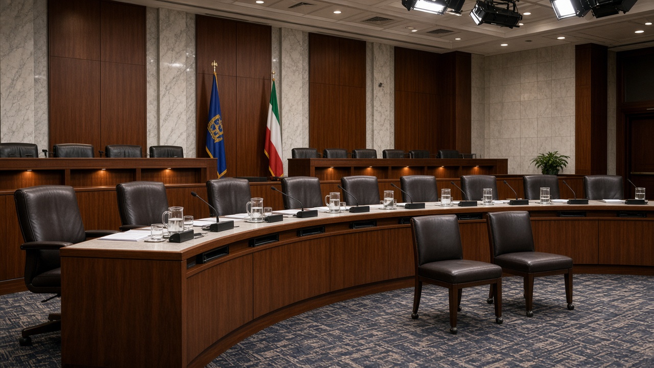 National Assembly committee hearing room with microphones on a curved desk and empty witness chairs under broadcast lights, no logos or readable text