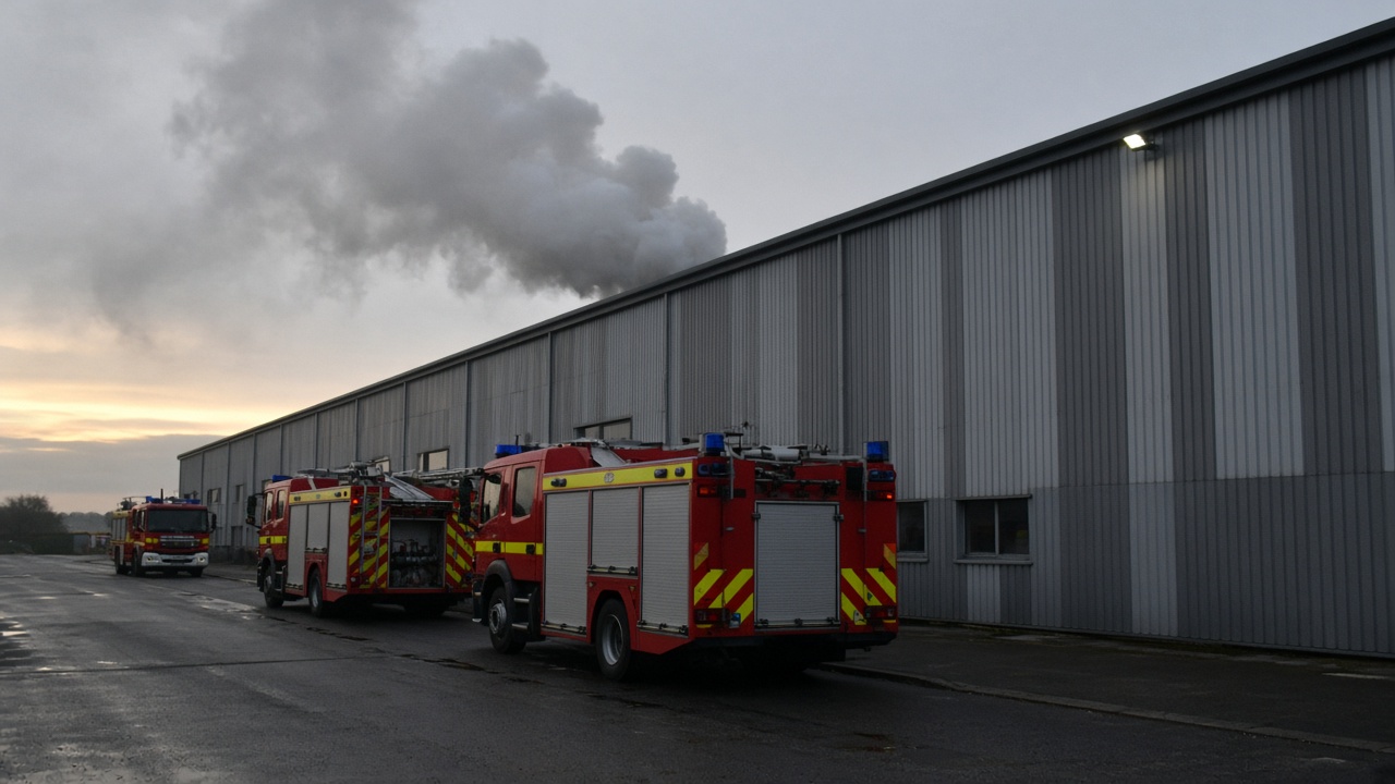 London fire appliances lined on Water Road at dawn outside a metal-clad warehouse with grey smoke above the roofline, documentary wire-photo style