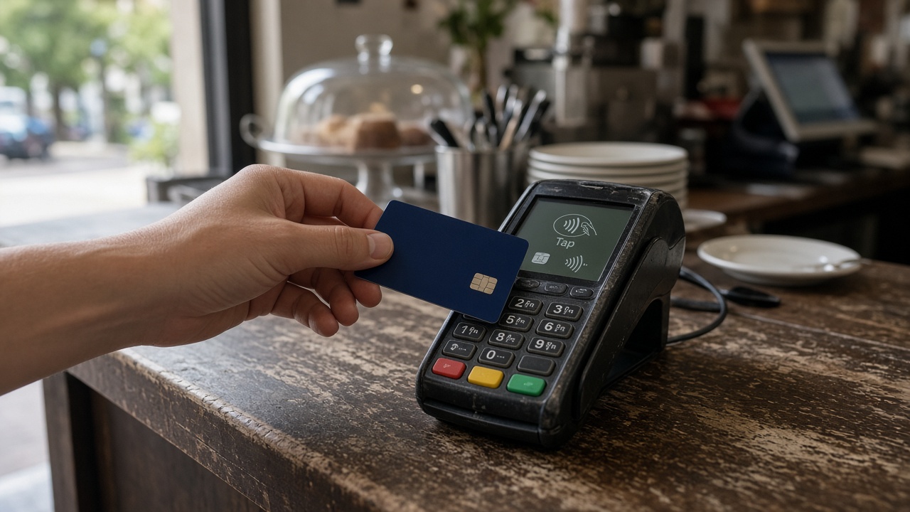 Contactless credit card tapping payment terminal at Australian cafe counter, worn laminate, afternoon light, no readable card numbers or logos