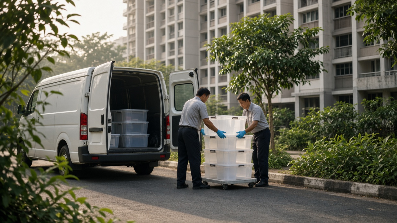 White van parked beside HDB blocks with staff unloading stacked mosquito release containers, early morning light, tropical trees, no logos or readable text