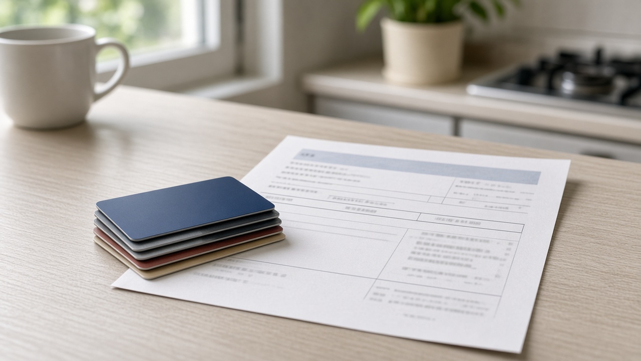 Stack of plastic payment cards beside a paper utility bill on a kitchen table in a Korean apartment, soft window light, no logos or readable text