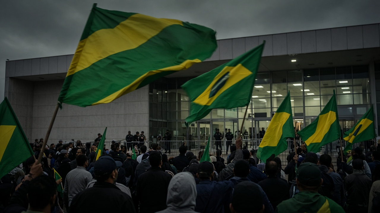 Supporters wave green and yellow flags outside a vote-counting center in Brasília as electoral officials confirm Brazil's 2026 presidential runoff result on Sunday night.