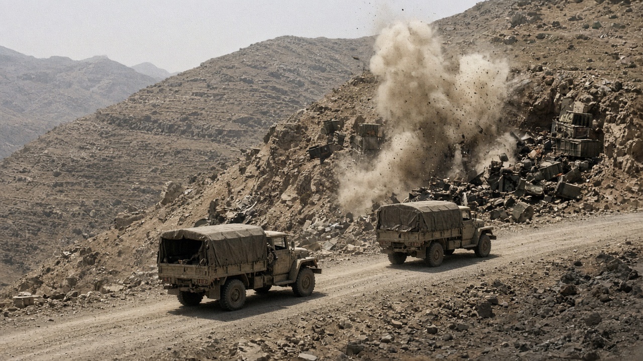 Dust rising from a hillside weapons depot in arid Yemen terrain after an airstrike, with military trucks parked on a dirt road in the foreground under harsh midday sun