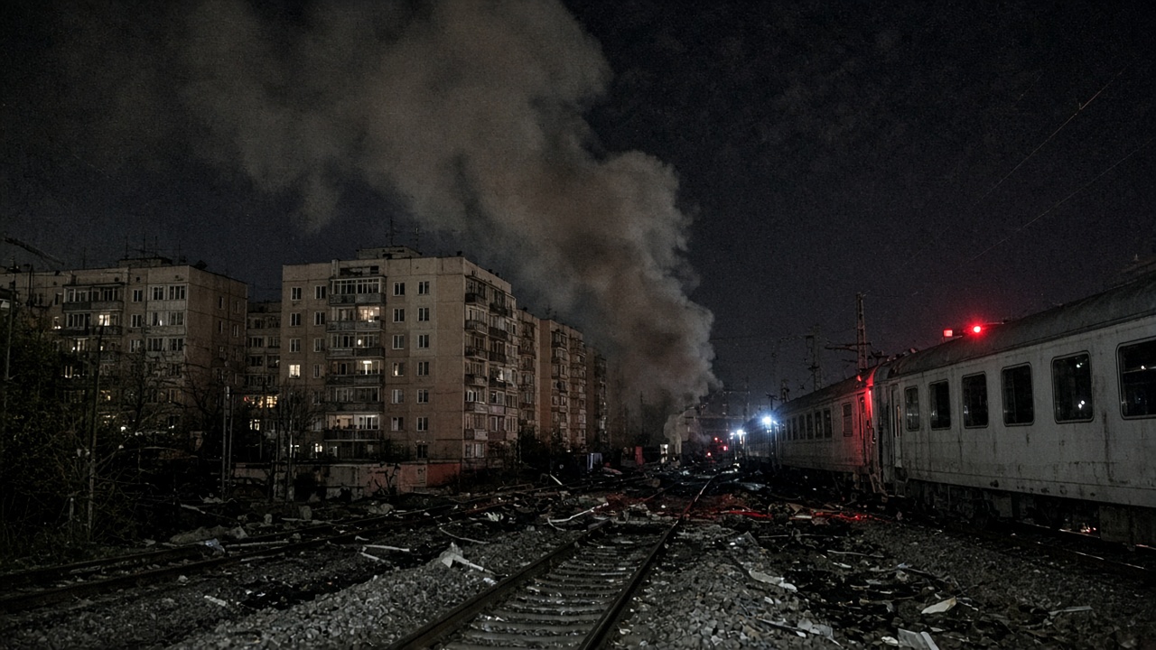 Nighttime smoke rising above apartment blocks near a damaged commuter rail line in Voronezh, with emergency lights on a passenger train car and debris scattered along the tracks