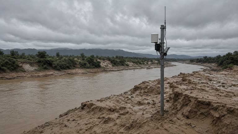 Muddy river valley with monitoring equipment on a steel pole and sediment-covered banks under grey monsoon clouds, no logos or readable text