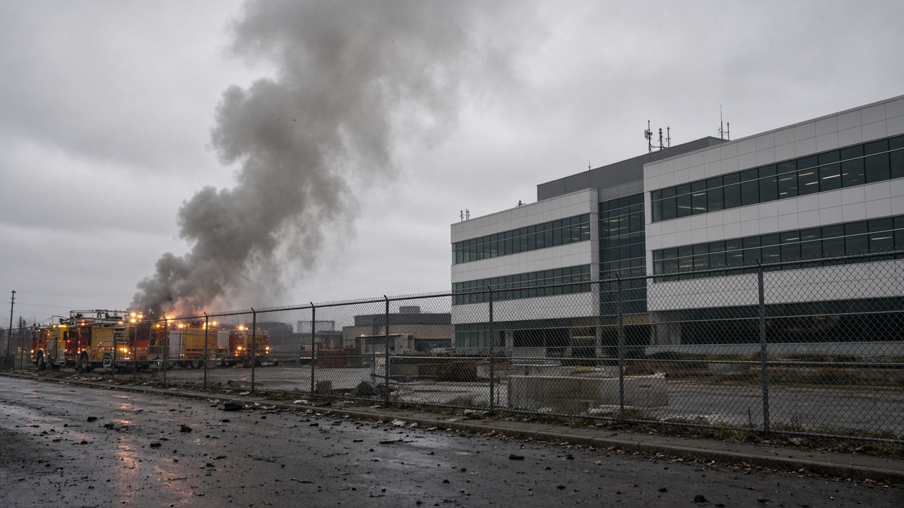 Emergency vehicles and smoke rising beside a fenced technology campus at dusk after a drone strike