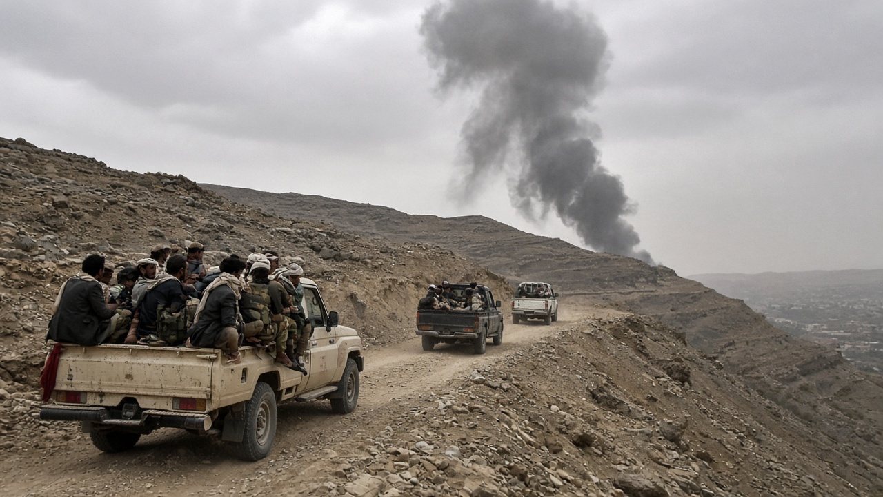 Smoke rises above a dusty ridge near Taiz as pickup trucks carrying Yemeni government fighters move along a front-line road under overcast skies.