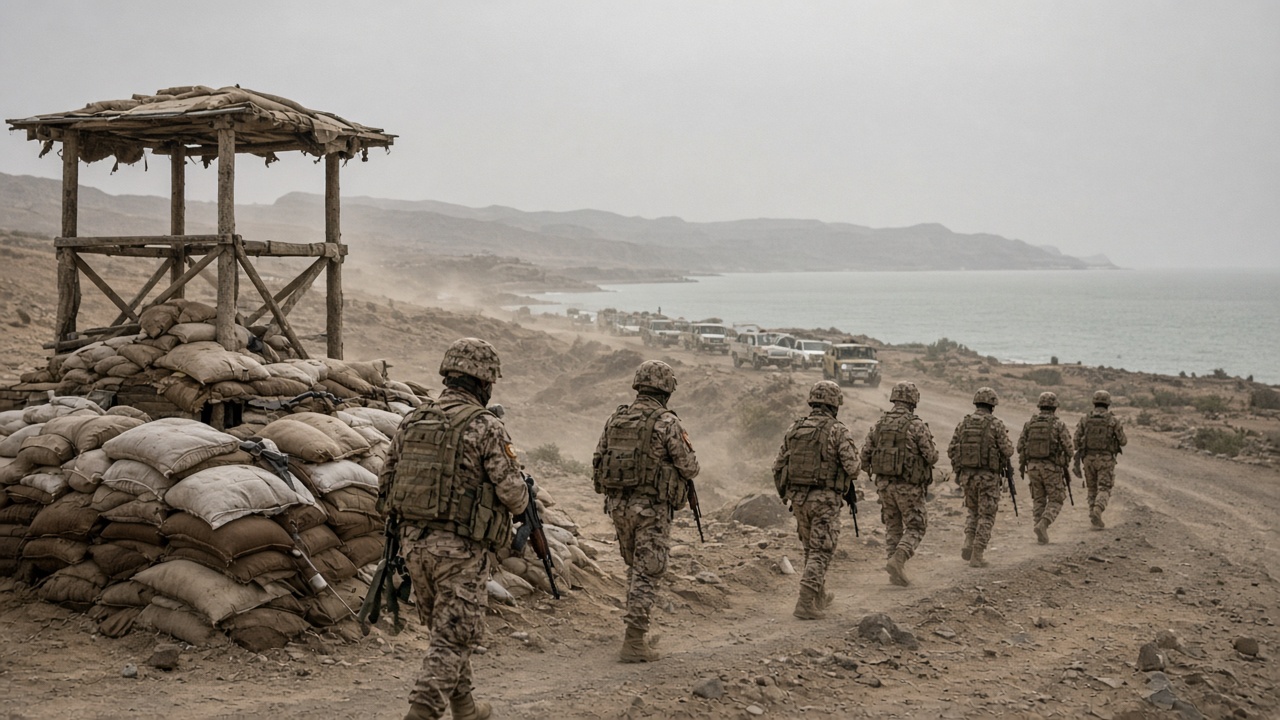 Dust hangs over a ridgeline above the Red Sea coast as Yemeni government soldiers in desert camouflage walk past a sandbagged checkpoint near Bab al-Mandeb, with a distant convoy and haze over the waterway.