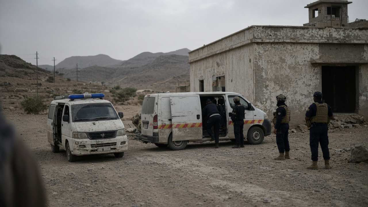 Emergency workers and recruits' relatives gather near damaged vehicles outside a dusty training compound in Shabwa province after reported missile strikes