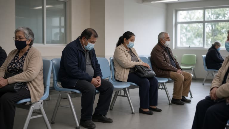 Polyclinic waiting area with masked patients seated on plastic chairs, muted daylight through windows, no logos or readable text