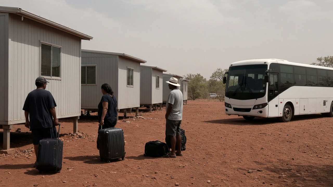 Residents with suitcases wait beside demountable buildings and a bus on a red-dirt lot near Darwin, Northern Territory