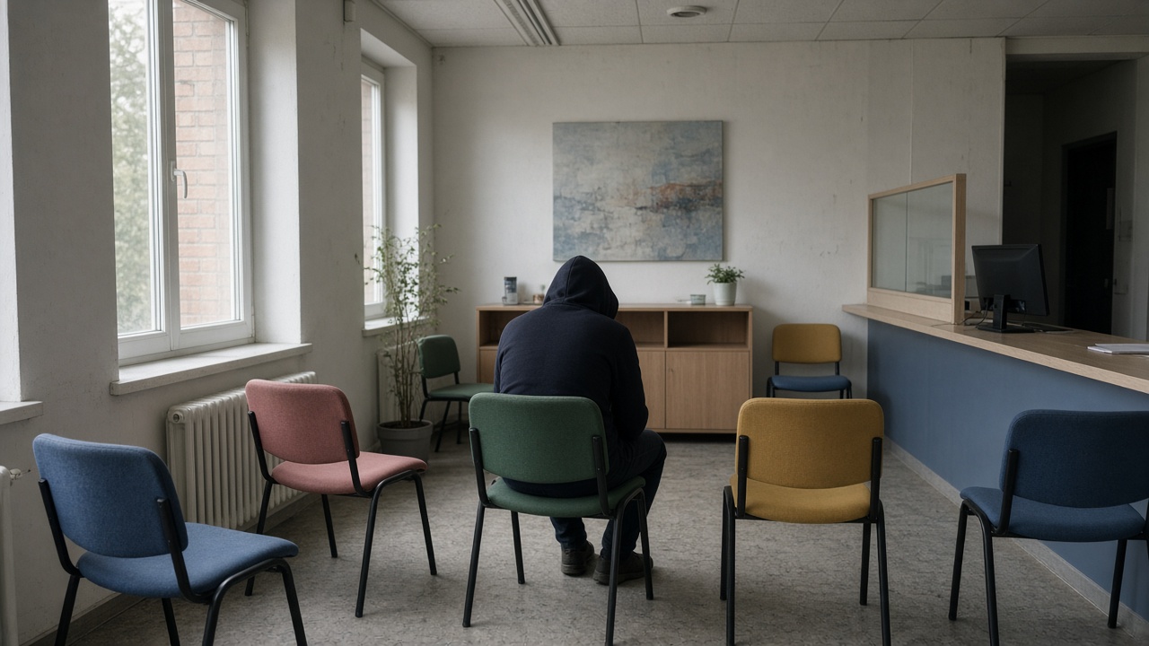 Youth mental health clinic waiting area with coloured chairs and a reception counter, soft daylight, no logos or readable text