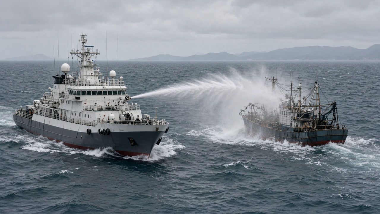 Taiwan coast guard patrol ship firing a water cannon arc toward a fishing trawler on open sea under overcast skies, white hull spray visible