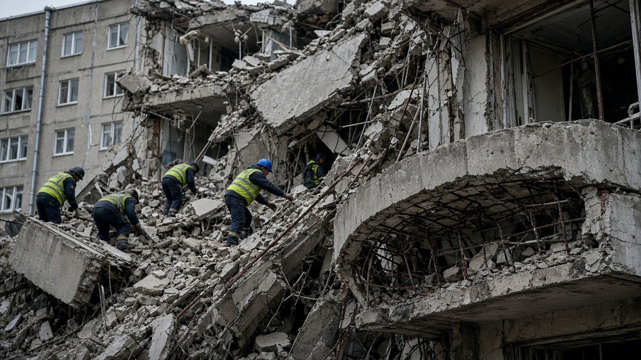 Emergency workers in high-visibility vests search damaged apartment rubble beside a buckled balcony in Zaporizhzhia after an aerial bomb strike, overcast daylight, wire-photo documentary style