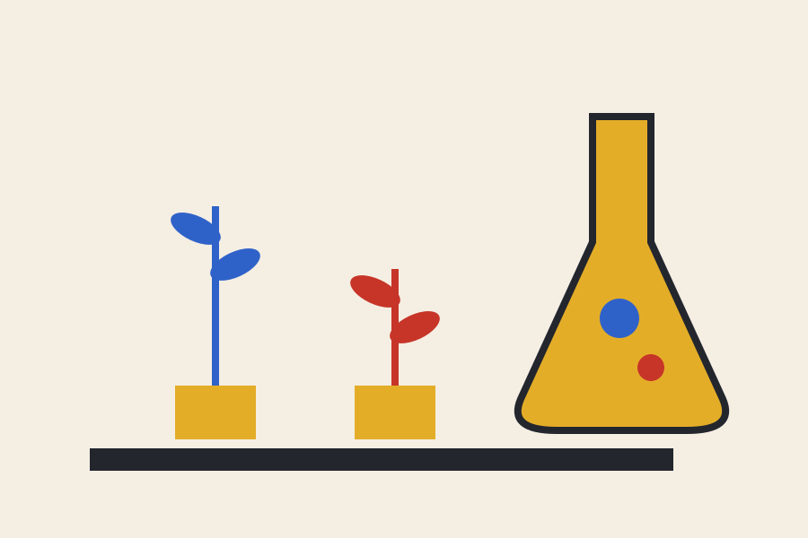 An original geometric science poster showing two potted plants and a laboratory flask