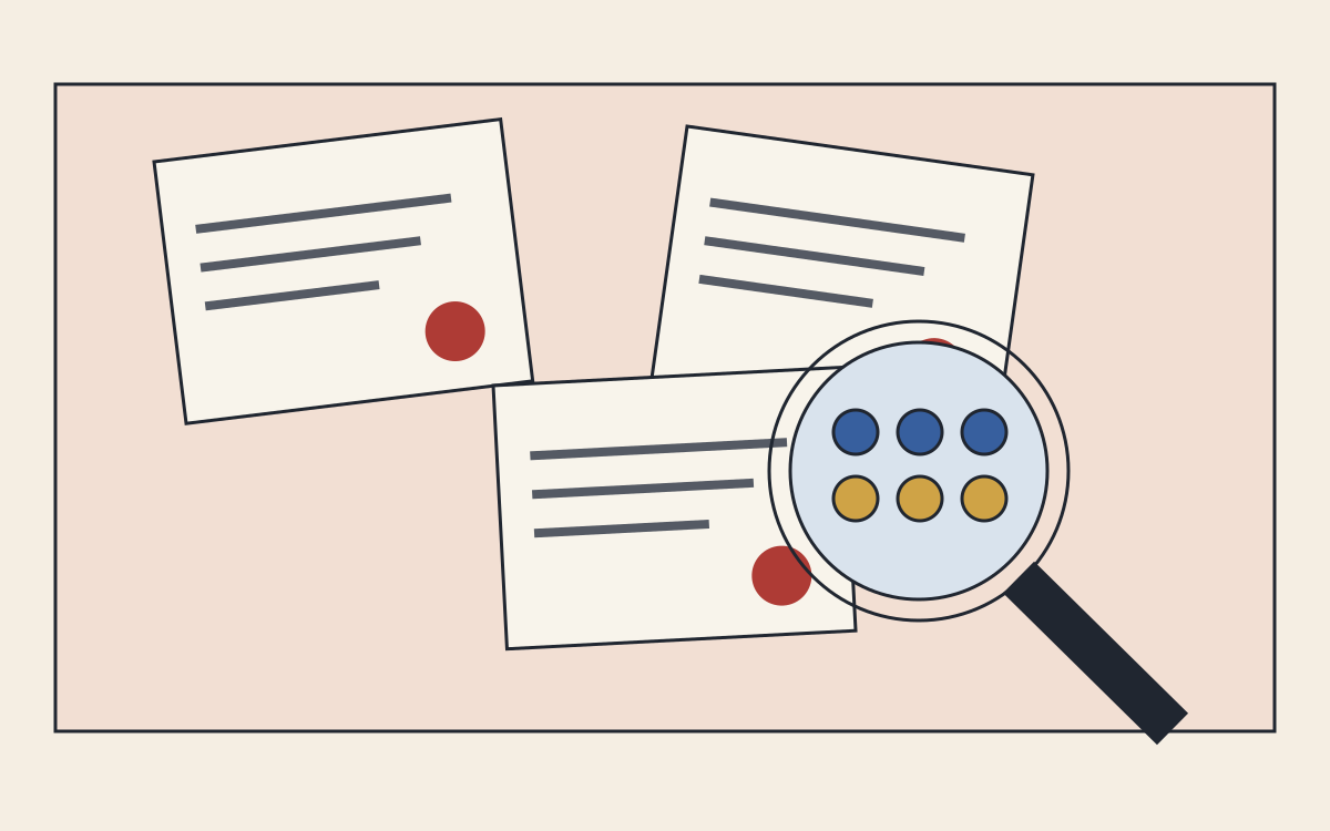A geometric evidence desk with three data cards and a magnifying glass over three blue and three gold circles.
