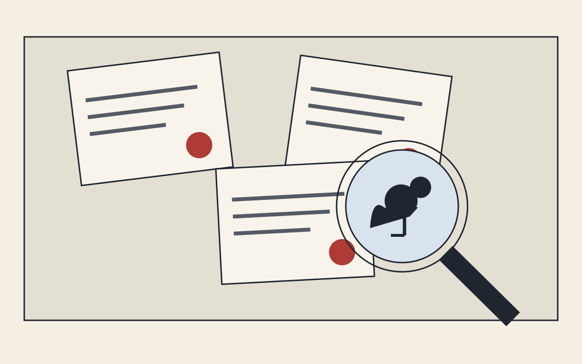 An ink-colored evidence desk with research papers, a magnifying glass and a sparrow silhouette.