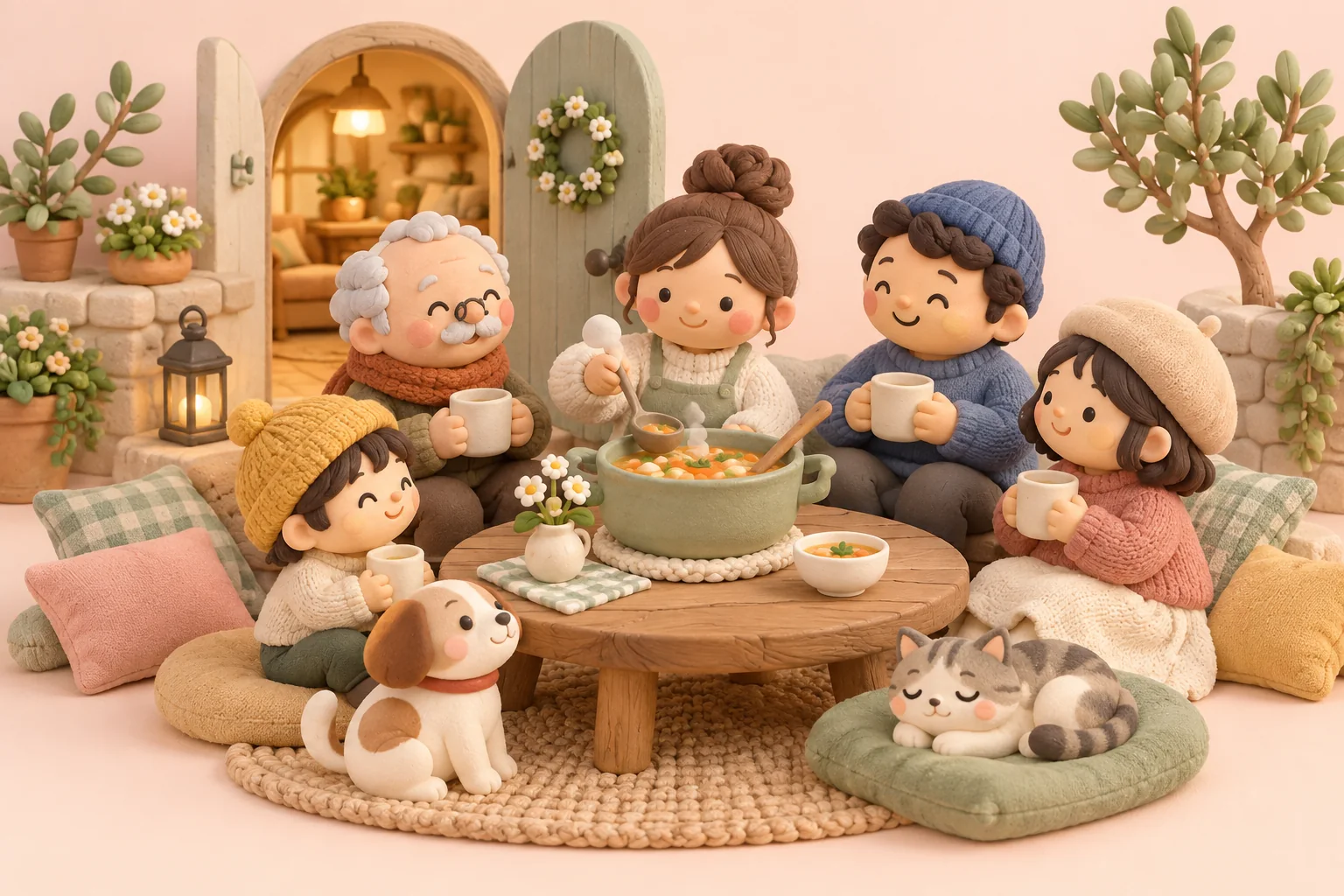 A cosy clay neighbourhood gathering around a soup table with open doorway, cushions and a small shared bowl