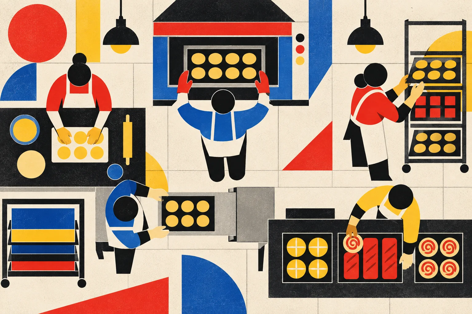 An overhead workshop scene with shared oven, modular display, transfer trays and connected tasks