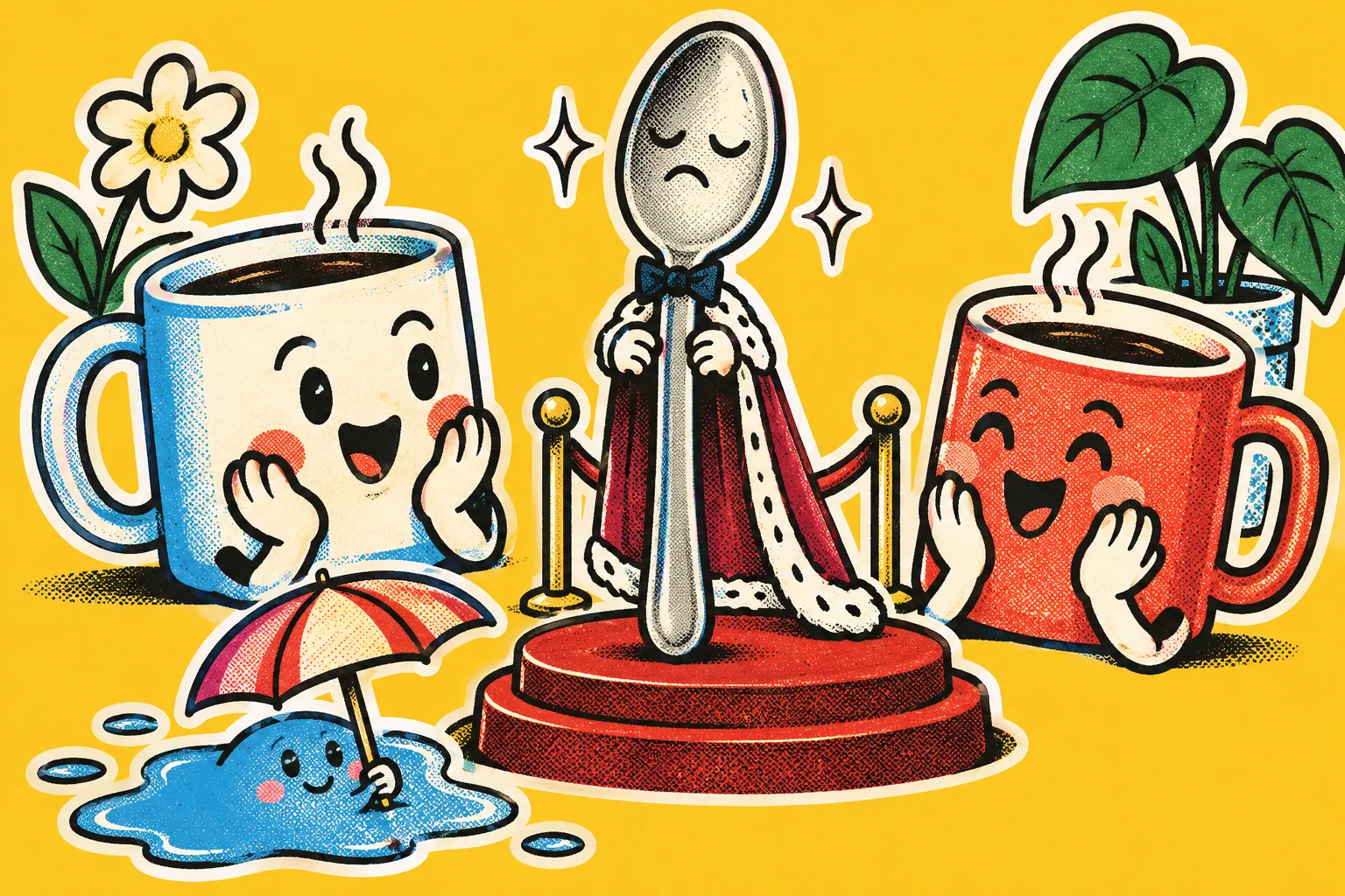 A playful risograph collage with two amused mugs, a tiny umbrella over a puddle and an absurdly solemn spoon on a little stage