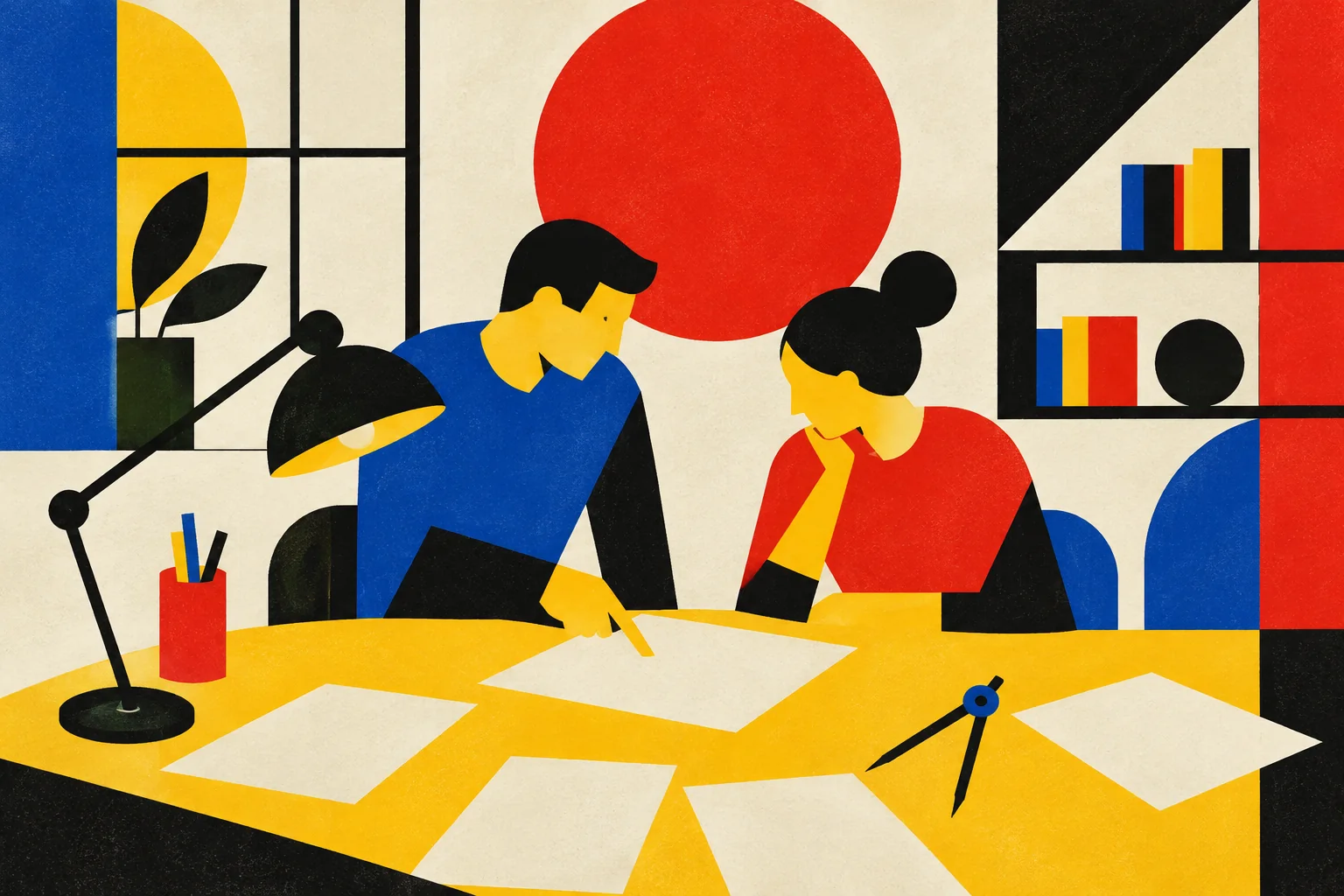 A modernist feedback table with blank drafts, focused lamp, compass and two people discussing an example