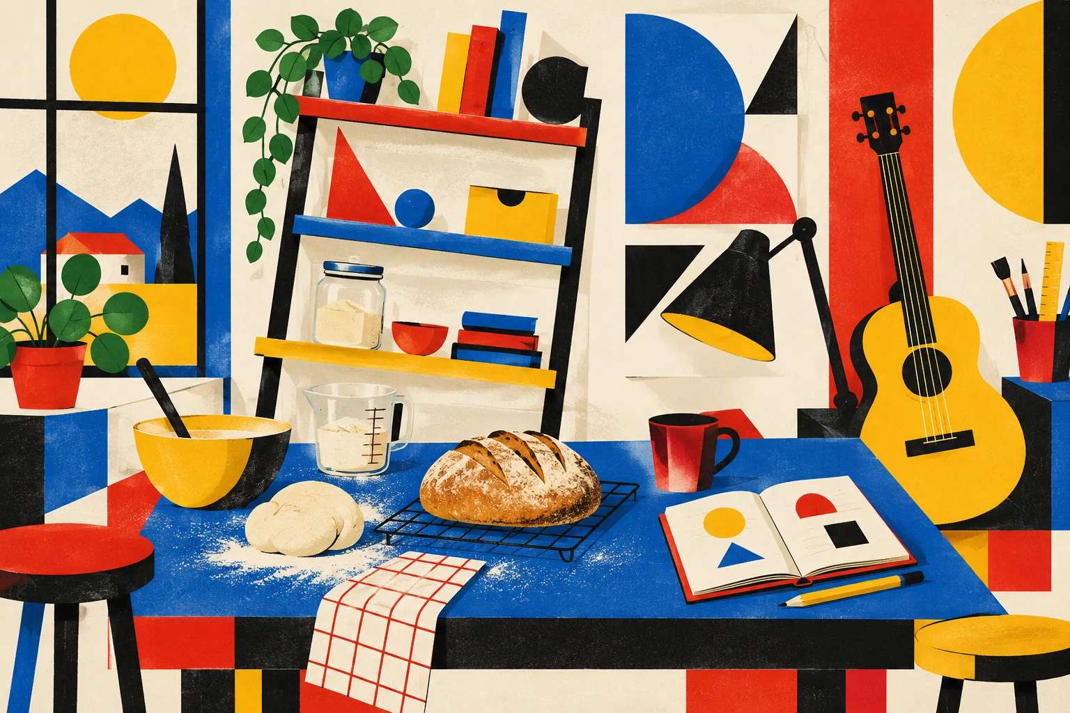 A bright workshop with a crooked shelf, bread experiment, musical instrument and small correction notebook