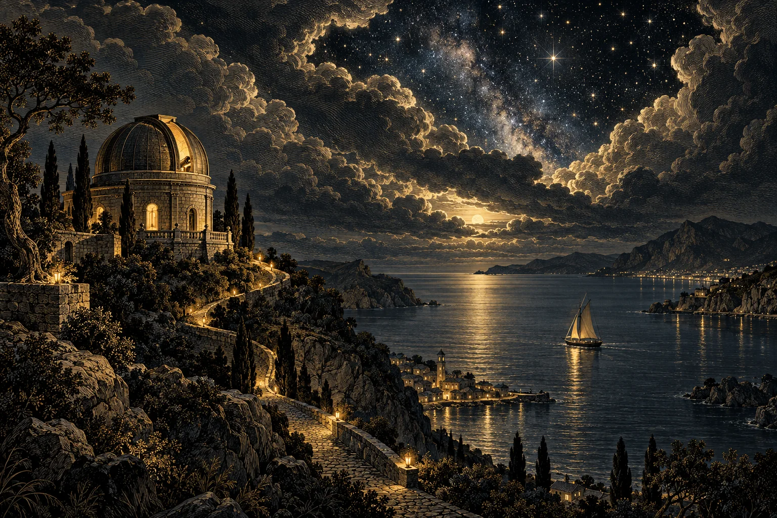 An observatory above a calm bay, a partly lit path and a sailboat beneath clouds and emerging stars