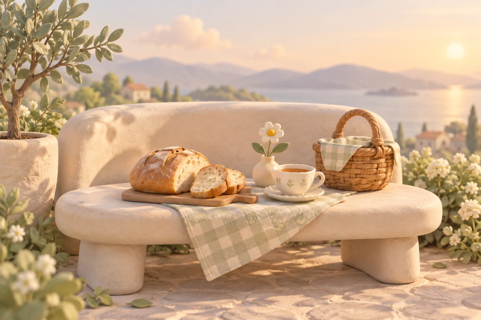 A soft clay afternoon scene with warm bread, tea, flower, sunlit bench and a little picnic basket