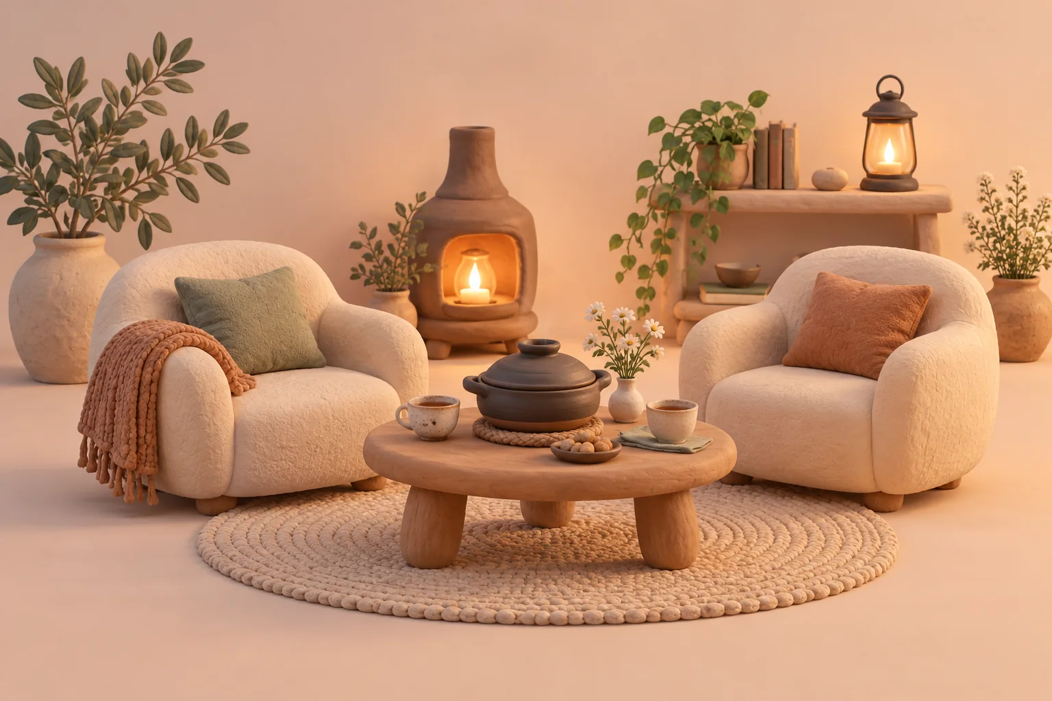 A cosy clay sitting room with two chairs, tea, dinner pot and warm evening lantern