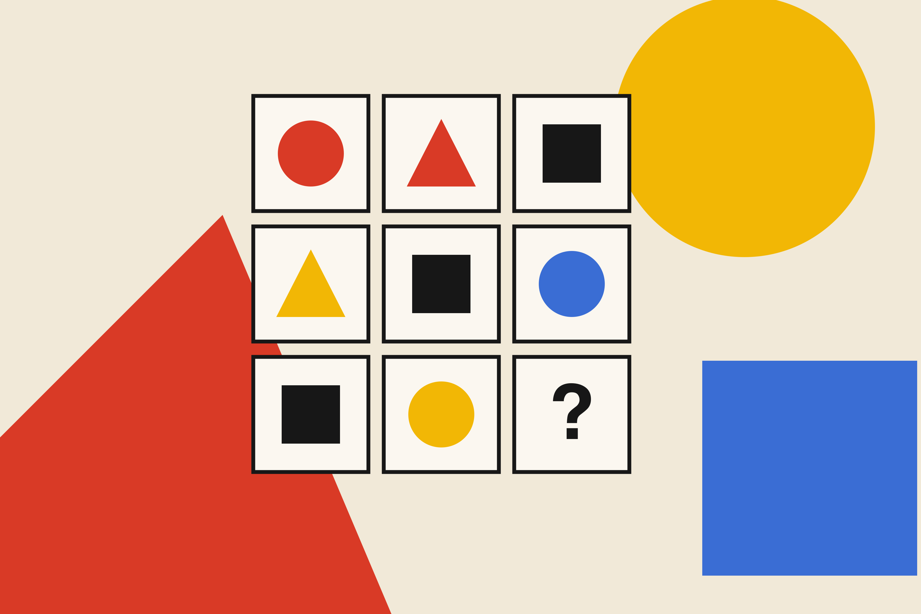 A red, blue and yellow geometric poster with a three-by-three tile grid and a question mark in its final space