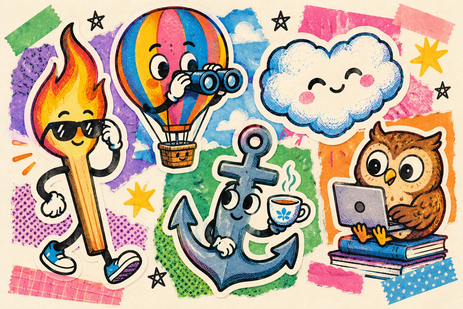 A collage of five bold, colourful cartoon stickers on bright paper