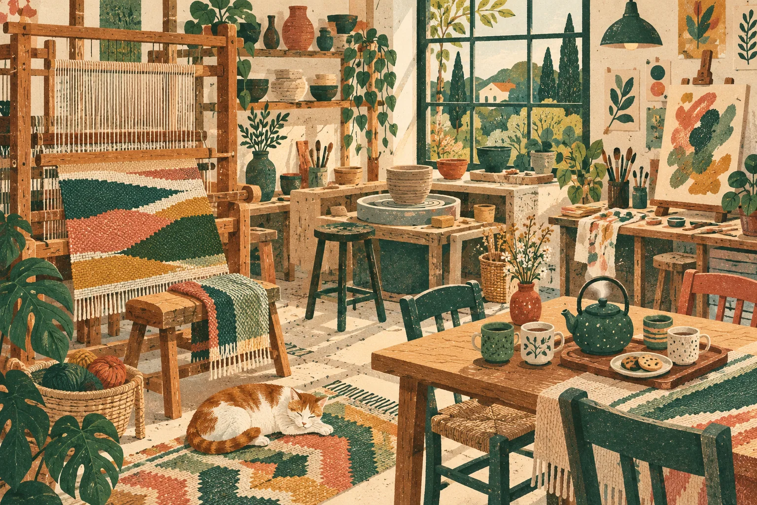 A warm hobby studio with weaving, clay, painting experiments and a shared tea table