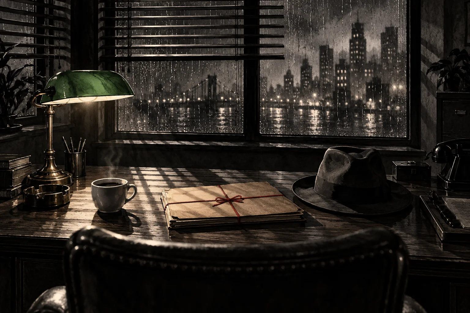 A detective's desk at night by a rainy window with venetian blinds, a lamp, a hat and a case file